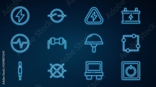 Set line Electric light switch, circuit scheme, High voltage, Resistor electricity, Lightning bolt, emitting diode and icon. Vector