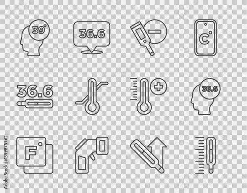 Set line Fahrenheit, Medical thermometer, Digital, High human body temperature, Meteorology, and icon. Vector