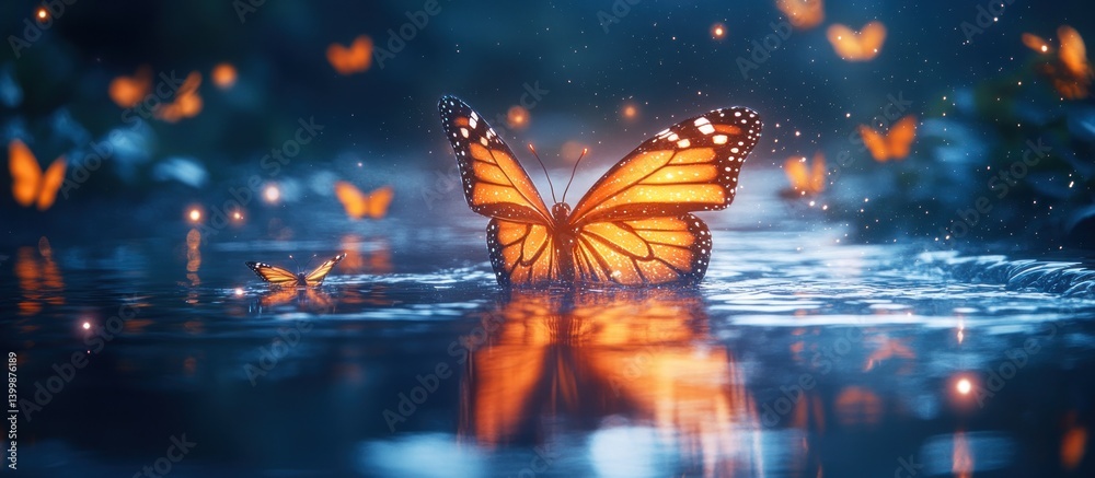 Glowing butterfly on tranquil water, surrounded by fireflies Glowing butterfly on tranquil water, surrounded by fireflies