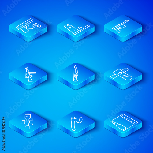 Set line Sniper optical sight, Military knife, Wooden axe, Knife holster, Mauser gun, Tommy, Buying pistol and Bullet icon. Vector
