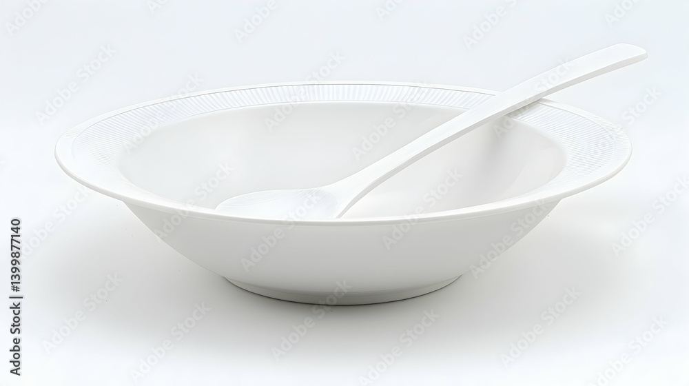 Empty white bowl with spoon on white background; food preparation or serving concept Empty white bowl with spoon on white background; food preparation or serving concept