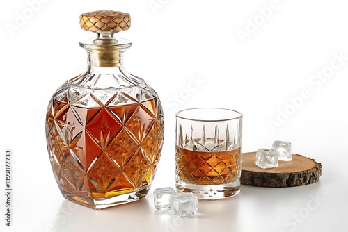 Elegant Crystal Decanter Set: Whiskey Glass with Ice Cubes on Wooden Coaster, Capturing Refined Drinking and Sophisticated Barware Essence