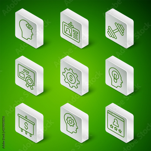 Set line Customer product rating, Human head with gear inside, Man third eye, Gear dollar, Certificate template, Identification badge, Target and lamp bulb icon. Vector