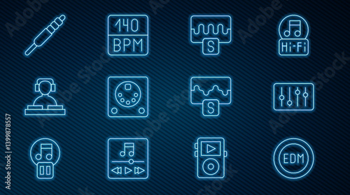 Set line EDM electronic dance music, Sound mixer controller, Music wave equalizer, Drum machine, DJ playing, Audio jack, and Bitrate icon. Vector