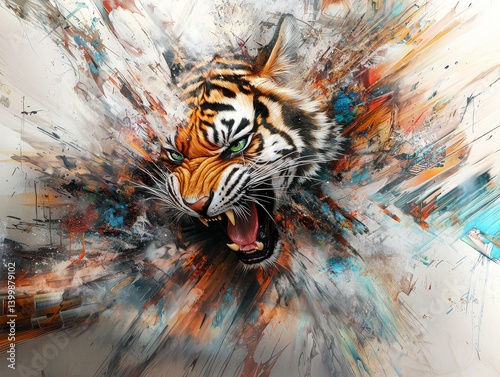 Fierce tiger head explodes outwards. Colorful art with bold expression and intense emotion