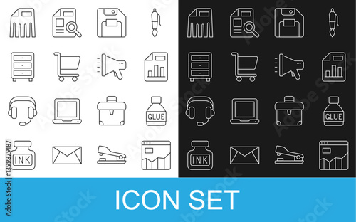 Set line Graph chart infographic, Glue, Document with, Floppy disk, Shopping cart, Archive papers drawer, Paper shredder and Megaphone icon. Vector