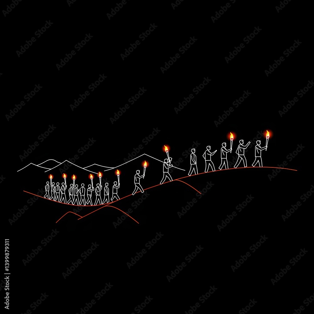 Obraz premium Torchbearers Ascending Mountain Paths in Symbolic, Minimalist Illustration