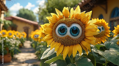 Sunflower with Eyes in Garden Smiling Happy and Looking Ahead