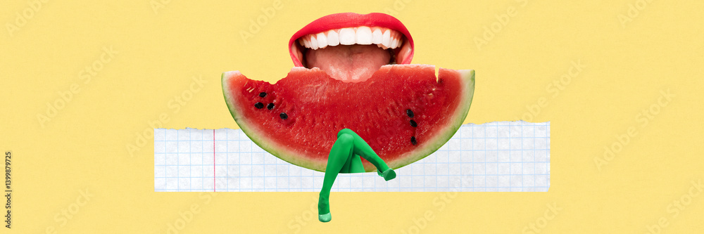 Watermelon slice with green-stockinged legs and open female mouth forming playful summer abstract character on yellow background. Contemporary art collage. Concept of summer, surrealism, imagination