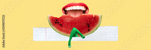 Obraz na płótnie Watermelon slice with green-stockinged legs and open female mouth forming playful summer abstract character on yellow background. Contemporary art collage. Concept of summer, surrealism, imagination w salonie