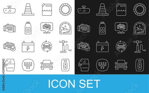 Set line Car key with remote, air pump, Motor gas gauge, Canister for gasoline, motor machine oil, Check engine, mirror and icon. Vector
