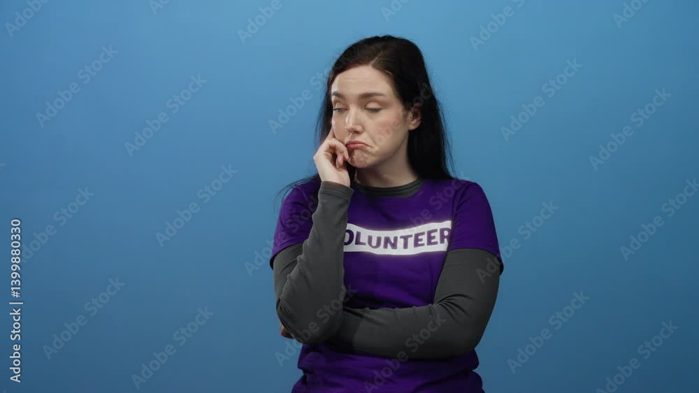 Woman pondering thoughtfully wearing a volunteer shirt against a blue background, brunette woman exudes contemplation showcasing volunteer spirit and casual attire. Woman pondering thoughtfully wearing a volunteer shirt against a blue background, brunette woman exudes contemplation showcasing volunteer spirit and casual attire.