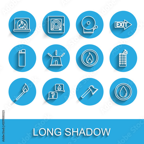 Set line Burning match with fire, Phone emergency call 911, Interior fireplace, Firefighter axe, Water drop, Flasher siren, burning building and flame icon. Vector