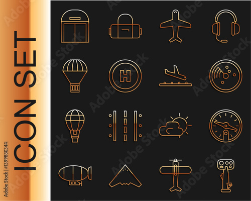 Set line Aircraft steering helm, Compass, Radar with targets on monitor, Plane, Helicopter landing pad, Box flying parachute, hangar and icon. Vector