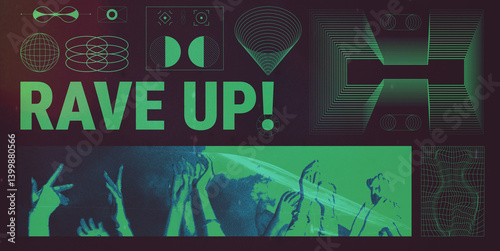 Poster. Composite image. Green typography and silhouettes of hands reaching up in sync with abstract techno graphics. Concept of electronic music event, rave culture, performance. Brutalism style.
