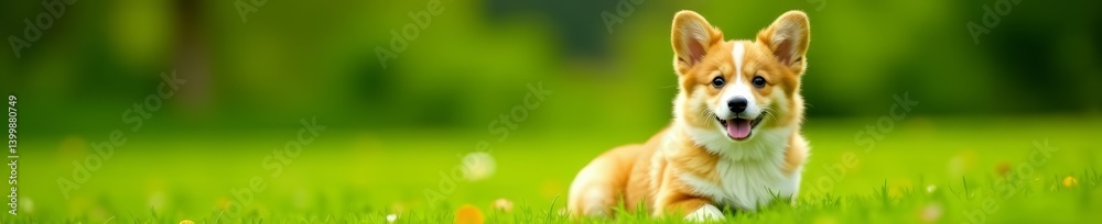Adorable fluffy corgi sitting on green grass, looking cheerful and playful , nature, cheerful, happy Adorable fluffy corgi sitting on green grass, looking cheerful and playful , nature, cheerful, happy