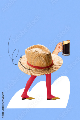 Walking straw hat with female legs in red stockings holding beer mug against blue background in vibrant surreal scene. Contemporary art collage. Concept of summer, surrealism, festival