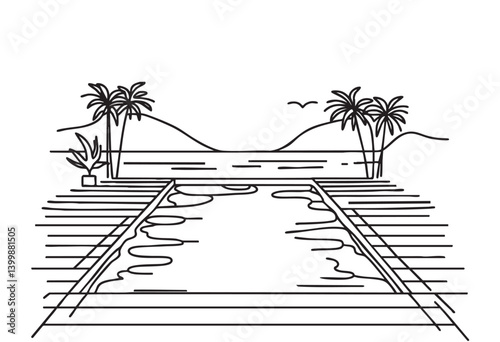 one line sketch black vector simple silhouette swim pool. concept of fluid current label for company or brand and wavy or stream logo