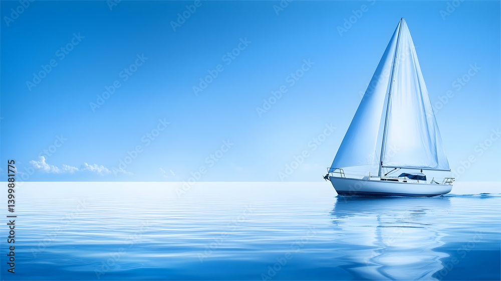 Obraz premium Sailboat sailing on calm ocean under blue sky, idyllic seascape for travel brochures