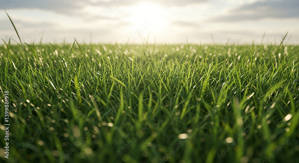 Green Grass Field Under Sky with Sun Shining Through Clouds Green Grass Field Under Sky with Sun Shining Through Clouds