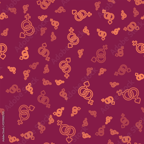 Brown line Gender icon isolated seamless pattern on red background. Symbols of men and women. Sex symbol. Happy Valentines day. Vector