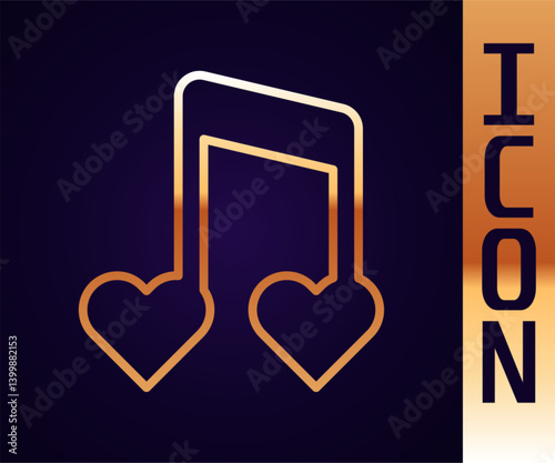 Gold line Music note, tone with hearts icon isolated on black background. Happy Valentines day. Vector