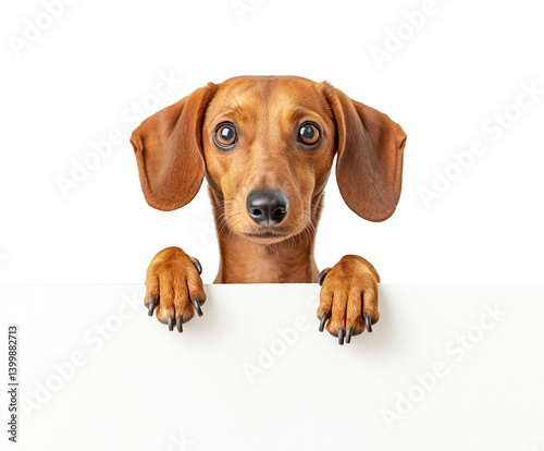 Cute dachshund peeking over white edge. Adorable pet peeking, empty sign peeking.
