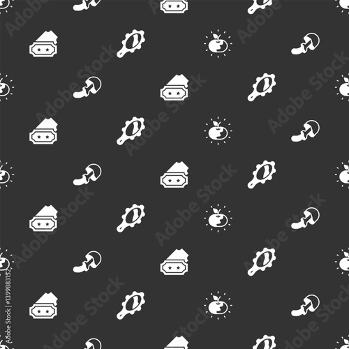 Set Poison apple, Psilocybin mushroom, Ticket and Magic hand mirror on seamless pattern. Vector
