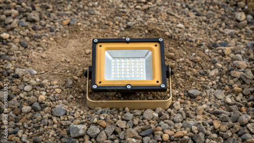 modern LED floodlight sits gravel surface, showcasing its sleek design and bright illumination. This real estate development site benefits from