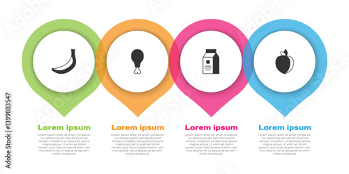 Set Banana, Chicken leg, aper package for milk and Plum fruit. Business infographic template. Vector