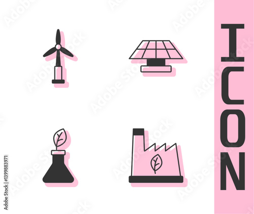 Set Plant recycling garbage, Wind turbine, breeding and Solar energy panel icon. Vector