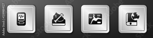 Set Seismograph, Archeology, Topographic map and Earth globe and book icon. Silver square button. Vector