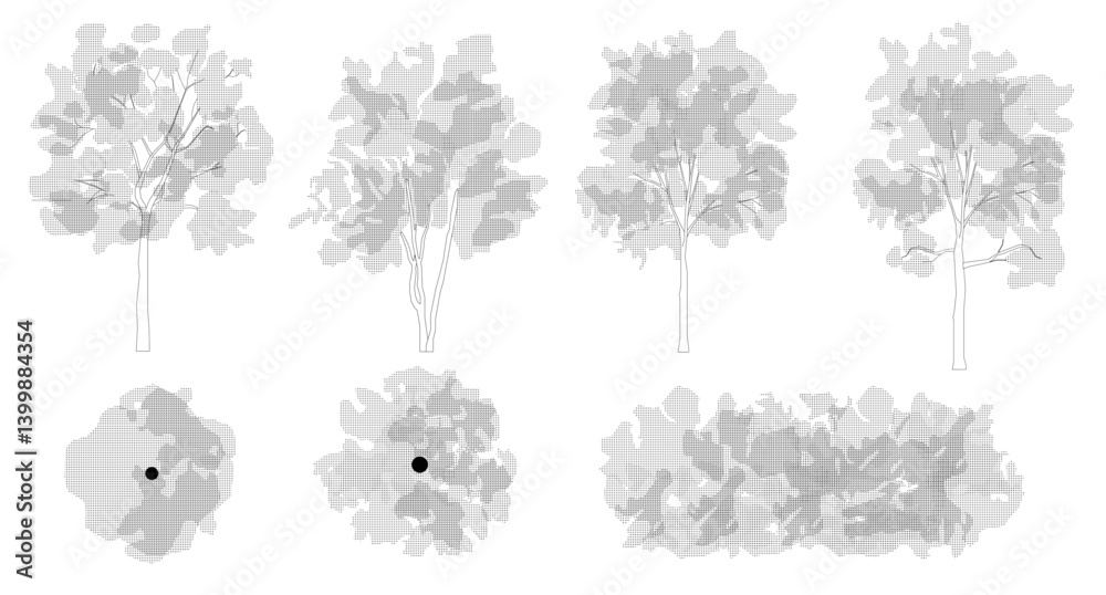 Trees in elevation and plan view for use in architectural drawings