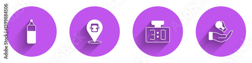 Set Punching bag, Boxing helmet, Sport mechanical scoreboard and glove icon with long shadow. Vector