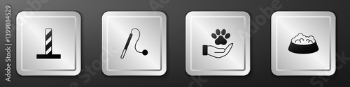Set Cat scratching post with toy, Pet cat, Hands animals footprint and food bowl for or dog icon. Silver square button. Vector