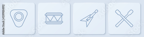 Set line Guitar pick, Electric bass guitar, Drum and sticks. White square button. Vector