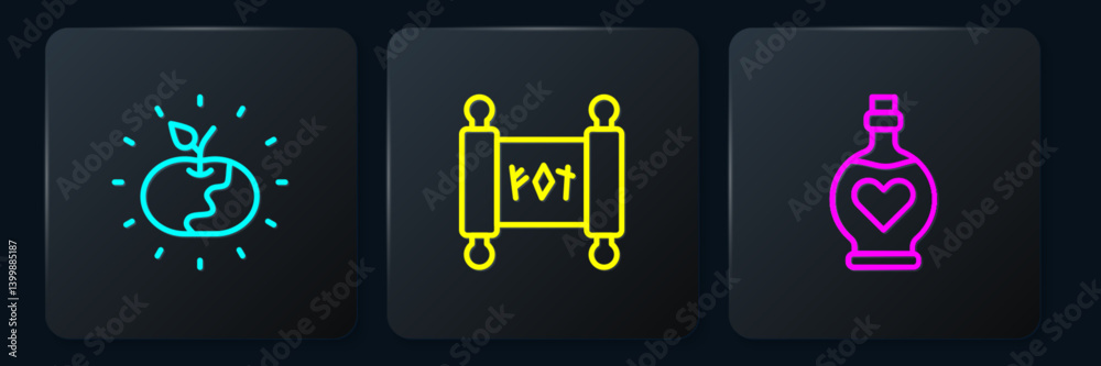 Set line Poison apple, Bottle with love potion and Magic scroll. Black square button. Vector Set line Poison apple, Bottle with love potion and Magic scroll. Black square button. Vector