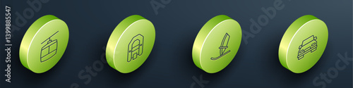 Set Isometric line Cable car, Rafting boat, Windsurfing and Car icon. Vector
