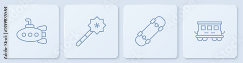 Set line Submarine toy, Skateboard, Magic wand and Passenger train cars. White square button. Vector