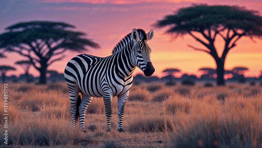 Naklejka premium A zebra peacefully grazes in vast golden grasslands, beautifully illuminated by a vibrant sunset sky filled with hues of orange and pink