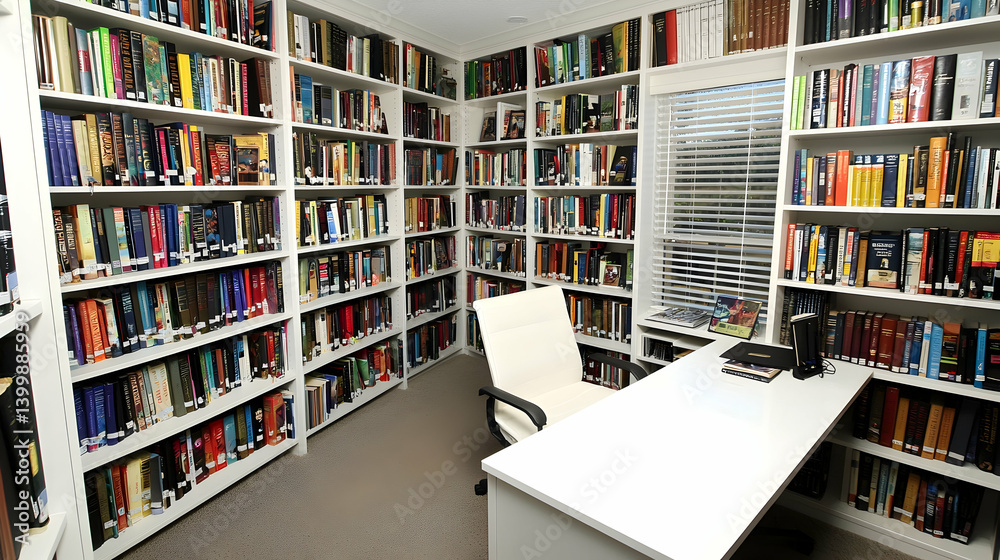 Home office library, bookshelves, desk, quiet study, research, peaceful background, perfect for education and learning