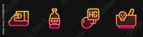 Set line Drop of mercury, Wastewater, Poisoned alcohol and Mortar and pestle. Glowing neon icon. Vector