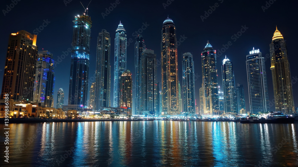 Fototapeta premium Brightly lit skyscrapers tower against the night sky, reflecting on the calm waters. The vibrant lights create a stunning urban landscape in Dubai, showcasing modern architecture and nightlife