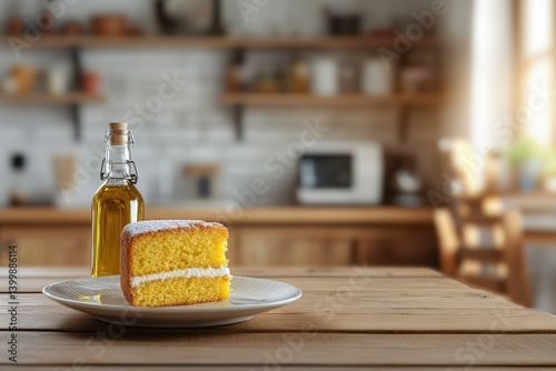 A slice of sponge cake with whipped cream, dusted with powdered sugar, on a kitchen table. photo