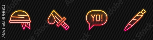 Set line Yo slang lettering, Bandana, Bloody knife and Marijuana joint, spliff. Glowing neon icon. Vector