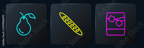Set line Pear, Glass of whiskey with ice and French baguette bread. Black square button. Vector