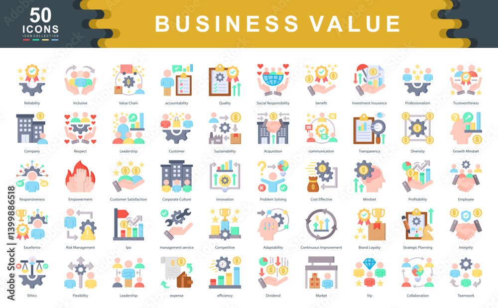Fototapeta The Business Value icon set defines key drivers of success such as leadership, responsibility, and performance, ideal for strategic planning, stakeholder engagement, and brand identity.