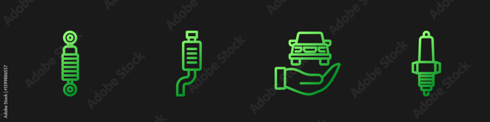 Obraz premium Set line Auto service check automotive, Shock absorber, Car muffler and spark plug. Gradient color icons. Vector