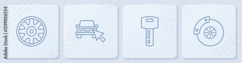 Set line Alloy wheel for car, Car key with remote, Online sharing and brake disk caliper. White square button. Vector