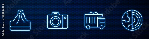 Set line Mining dump truck, Volcano, Photo camera and Earth core structure crust. Glowing neon icon on brick wall. Vector